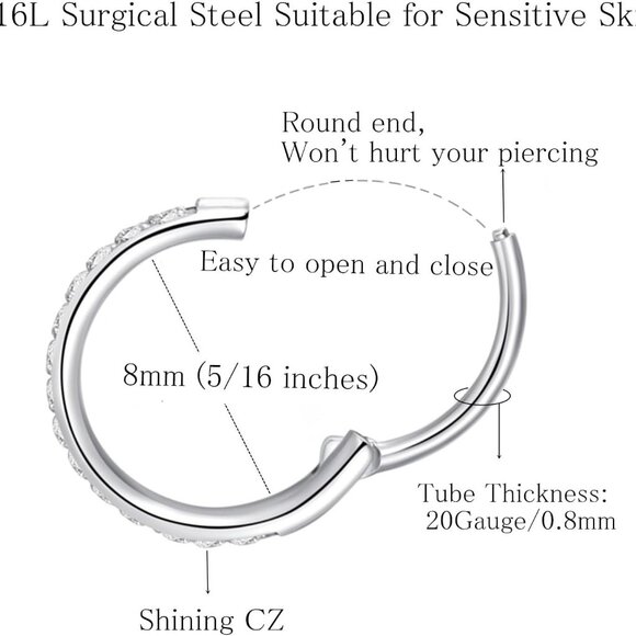 Nose Ring Hoop 8mm Silver Surgical Steel with Cubic Zirconia for Men Women - Picture 2 of 7